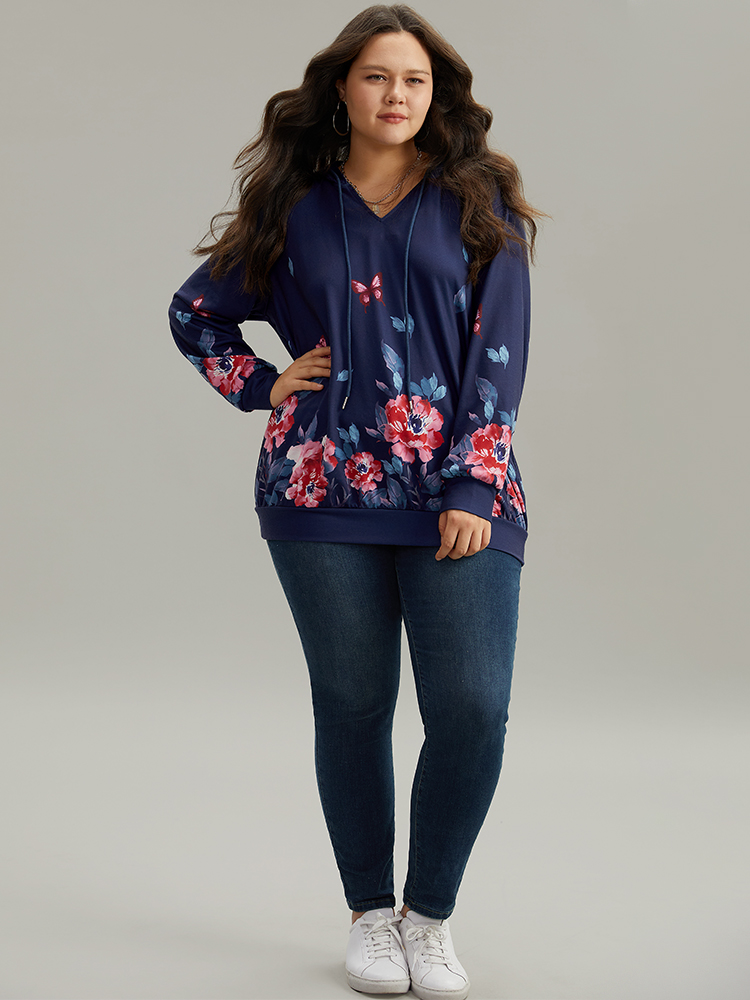 Plus Size Women Dailywear Floral Printed Regular Regular Sleeve Long Sleeve Hooded Casual Sweatshirts BloomChic 