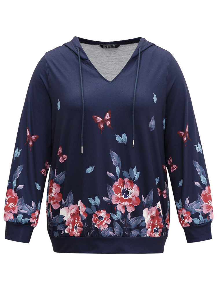 Plus Size Women Dailywear Floral Printed Regular Regular Sleeve Long Sleeve Hooded Casual Sweatshirts BloomChic 