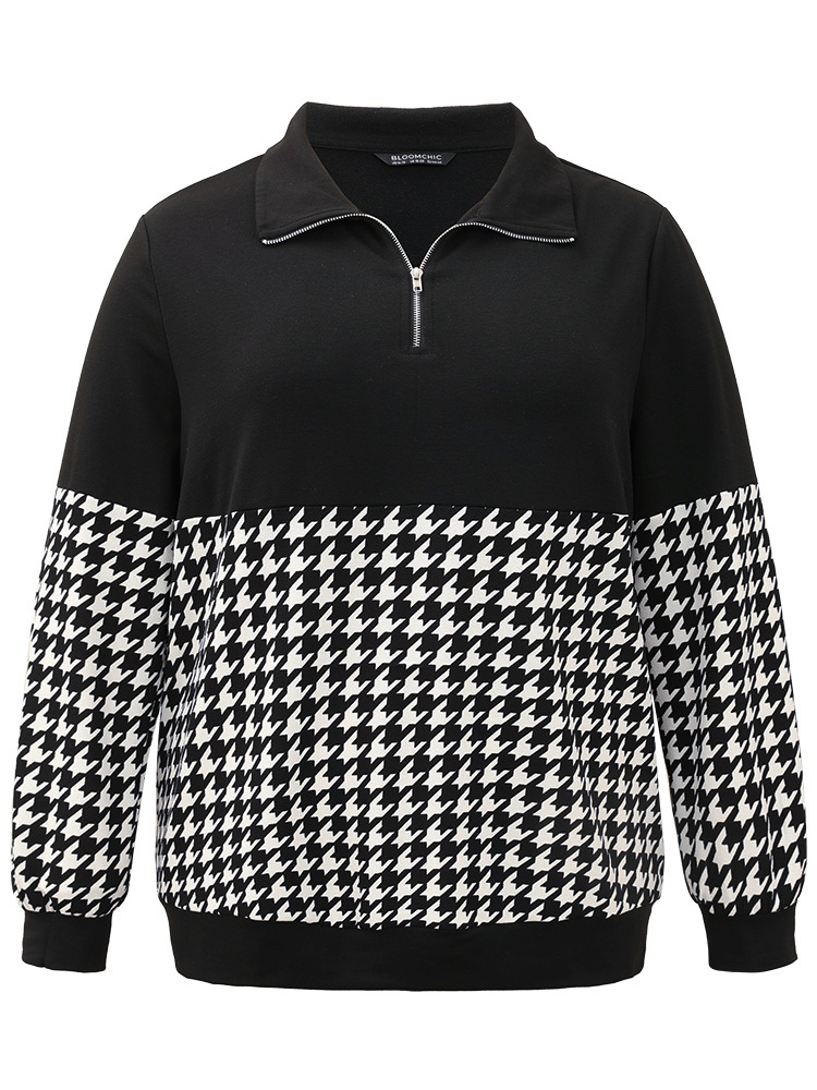 

Plus Size Houndstooth Patchwork Half Zip Sweatshirt Women Black Casual Elastic cuffs Polo Dailywear Sweatshirts BloomChic