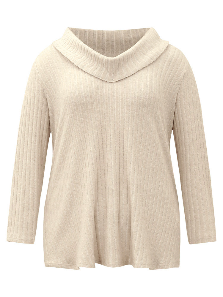 

Plus Size Plain Rib Knit Cowl Neck T-shirt Apricot Women Elegant Texture Plain Cowl Neck Dailywear T-shirts BloomChic