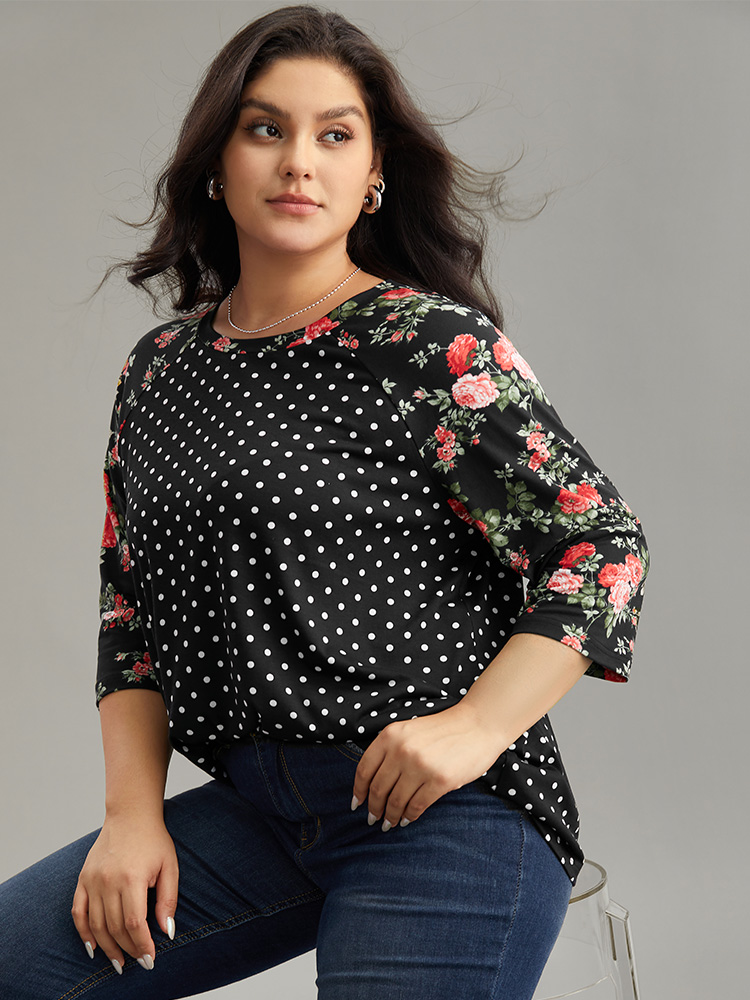 

Plus Size Polka Dot Patchwork Floral Contrast T-shirt Black Round Neck Elbow-length sleeve Elegant Jersey Tops