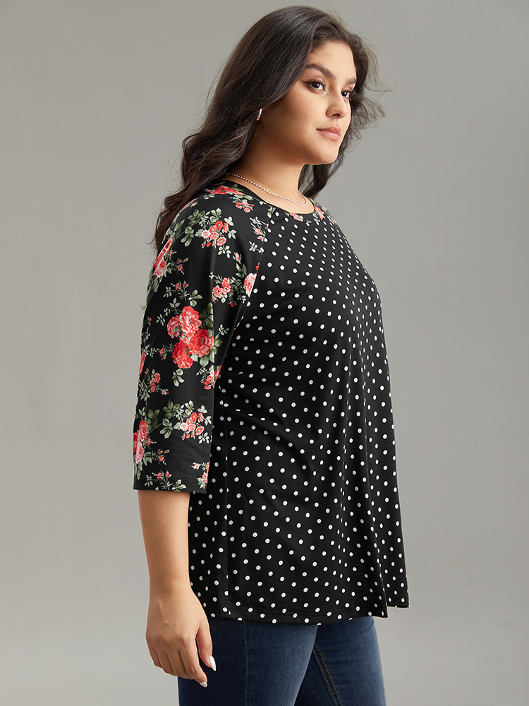 

Plus Size Polka Dot Patchwork Floral Contrast T-shirt Black Round Neck Elbow-length sleeve Elegant Jersey Tops