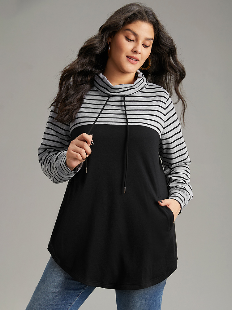 Plus Size Mock Neck Striped Patchwork Drawstring Sweatshirt Women Black Casual Contrast Mock Neck Everyday Sweatshirts BloomChic 10/M 