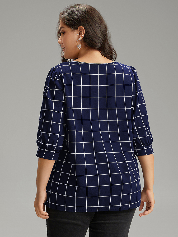 

Plus Size Plaid Round Neck Lantern Sleeve T-shirt Indigo Women At the Office Printed Plaid Round Neck Work T-shirts BloomChic