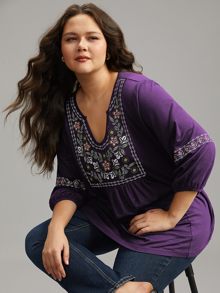 

Plus Size Bandana Embroidered Gathered Lantern Sleeve T-shirt Eggplant Notched collar Elbow-length sleeve Elegant Jersey Tops