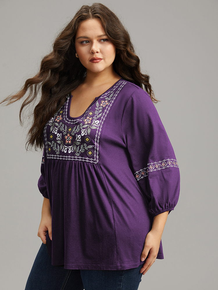 

Plus Size Bandana Embroidered Gathered Lantern Sleeve T-shirt Eggplant Notched collar Elbow-length sleeve Elegant Jersey Tops