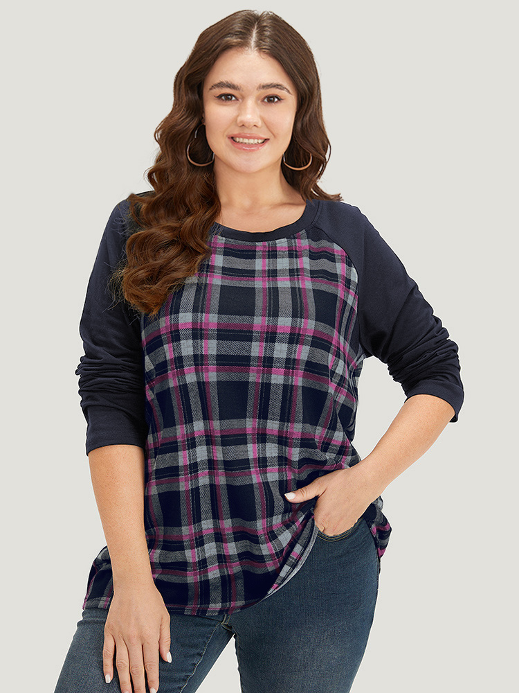 

Plus Size Plaid Raglan Sleeve Crew Neck T-shirt RedViolet Women Casual Patchwork Plaid Round Neck Dailywear T-shirts BloomChic