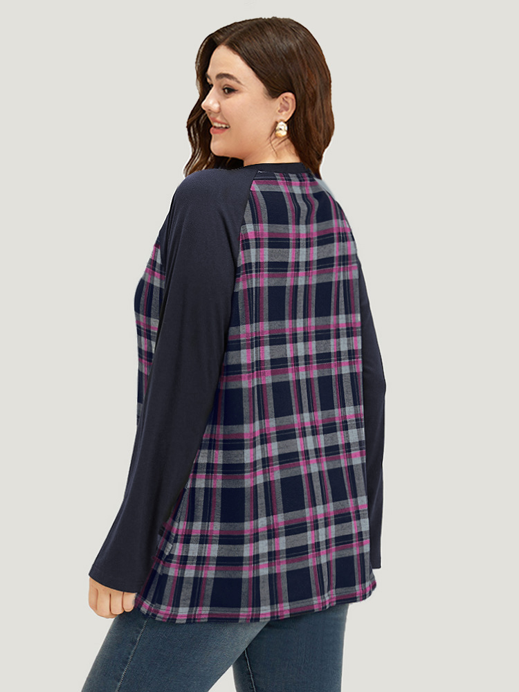Plus Size Plaid Raglan Sleeve Crew Neck T-shirt RedViolet Women Casual Patchwork Plaid Round Neck Dailywear T-shirts BloomChic 26/4X 