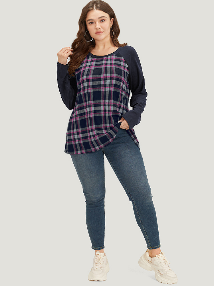 

Plus Size Plaid Raglan Sleeve Crew Neck T-shirt RedViolet Women Casual Patchwork Plaid Round Neck Dailywear T-shirts BloomChic