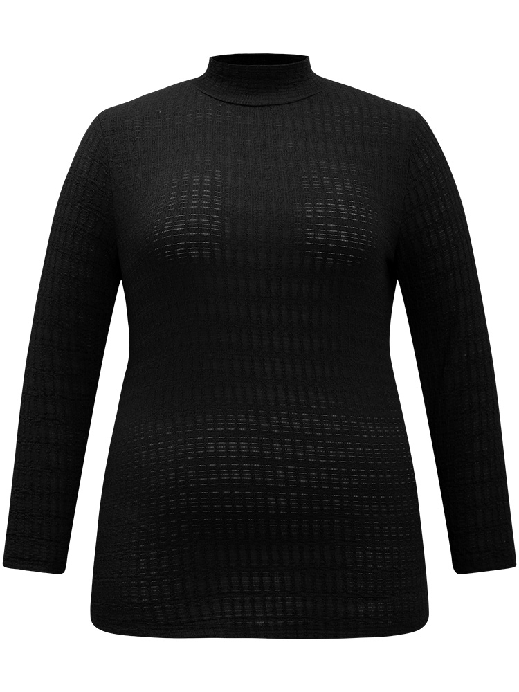 

Plus Size Plain Texture Mock Neck T-shirt Black Women Elegant Texture Plain Mock Neck Dailywear T-shirts BloomChic