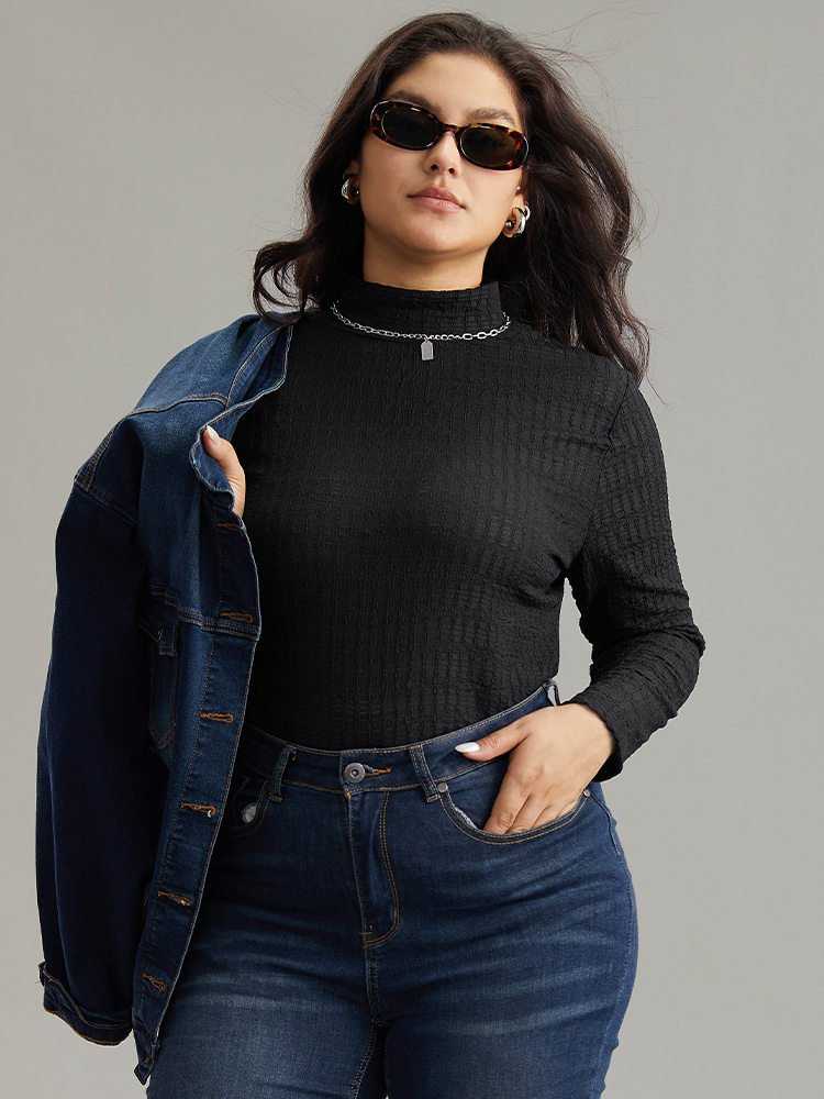 

Plus Size Plain Texture Mock Neck T-shirt Black Women Elegant Texture Plain Mock Neck Dailywear T-shirts BloomChic