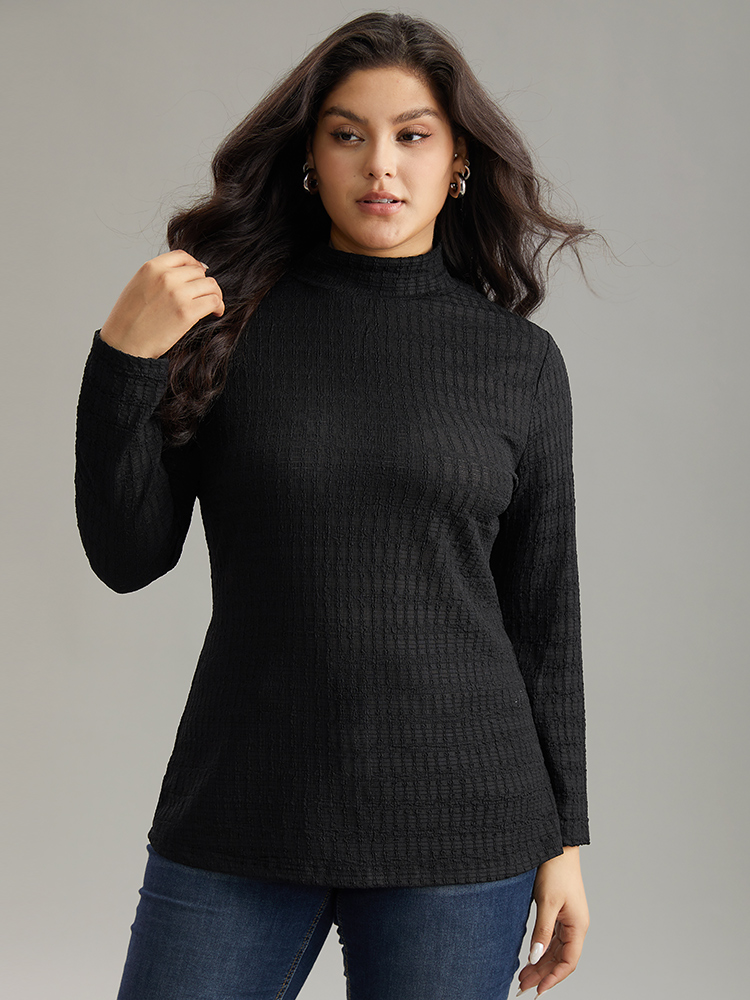 

Plus Size Plain Texture Mock Neck T-shirt Black Women Elegant Texture Plain Mock Neck Dailywear T-shirts BloomChic