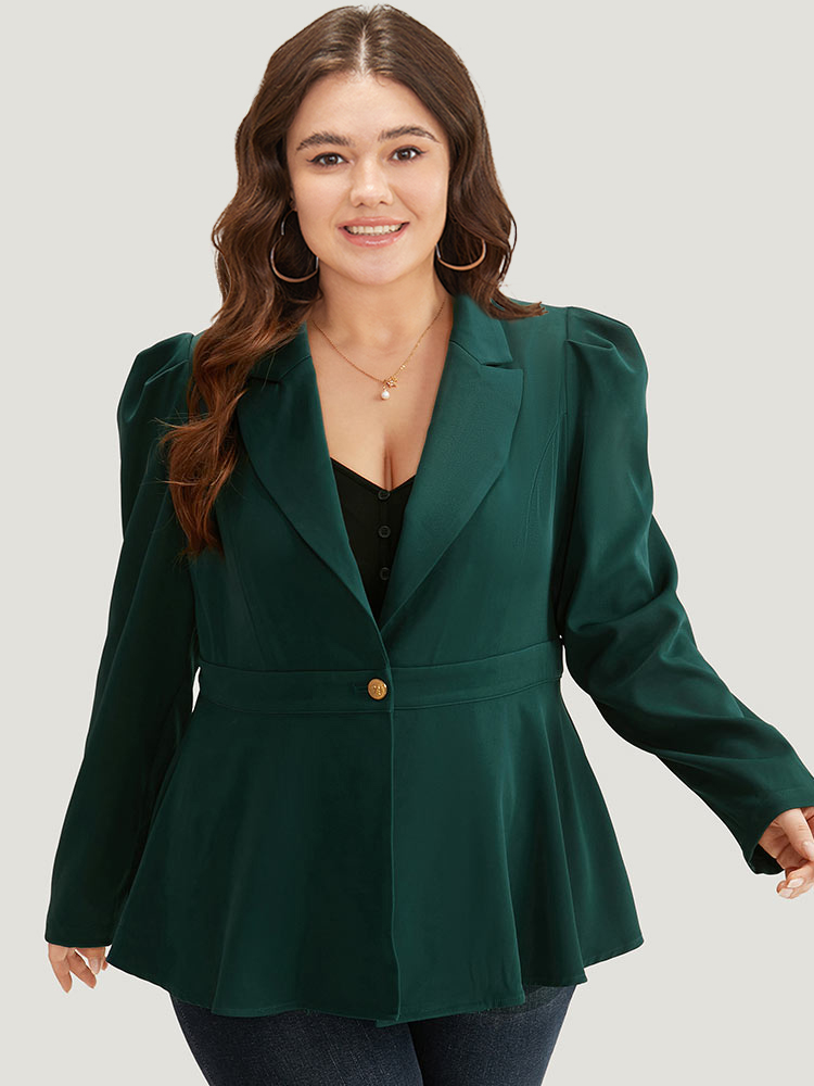 

Plus Size Button Fly Waistline Inside Blazer DarkGreen Women Work Plain Gathered Sleeve Long Sleeve Suit Collar  At the Office Blazers BloomChic