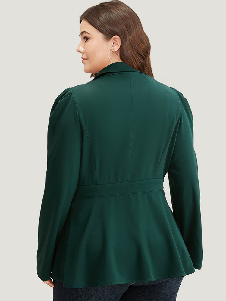 Plus Size Button Fly Waistline Inside Blazer DarkGreen Women Work Plain Gathered Sleeve Long Sleeve Suit Collar 10/M At the Office Blazers BloomChic 
