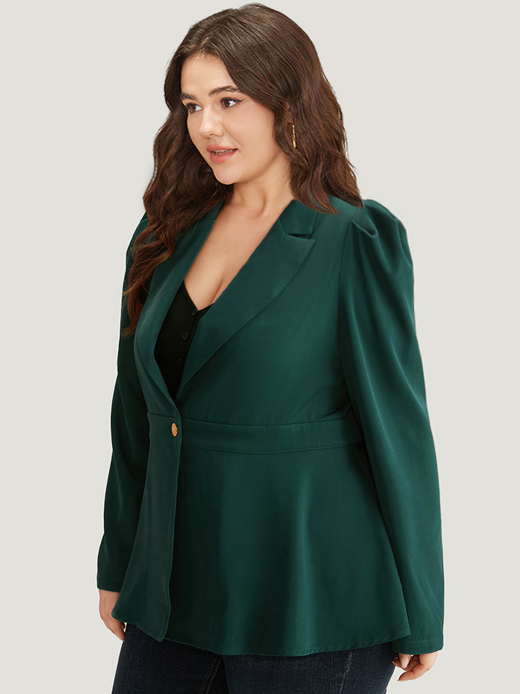 Plus Size Button Fly Waistline Inside Blazer DarkGreen Women Work Plain Gathered Sleeve Long Sleeve Suit Collar 10/M At the Office Blazers BloomChic 