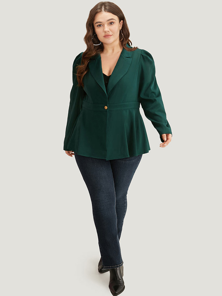 Plus Size Button Fly Waistline Inside Blazer DarkGreen Women Work Plain Gathered Sleeve Long Sleeve Suit Collar 10/M At the Office Blazers BloomChic 