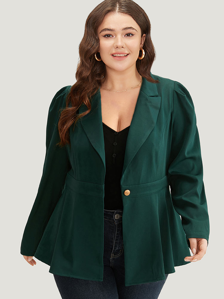 Plus Size Button Fly Waistline Inside Blazer DarkGreen Women Work Plain Gathered Sleeve Long Sleeve Suit Collar 10/M At the Office Blazers BloomChic 