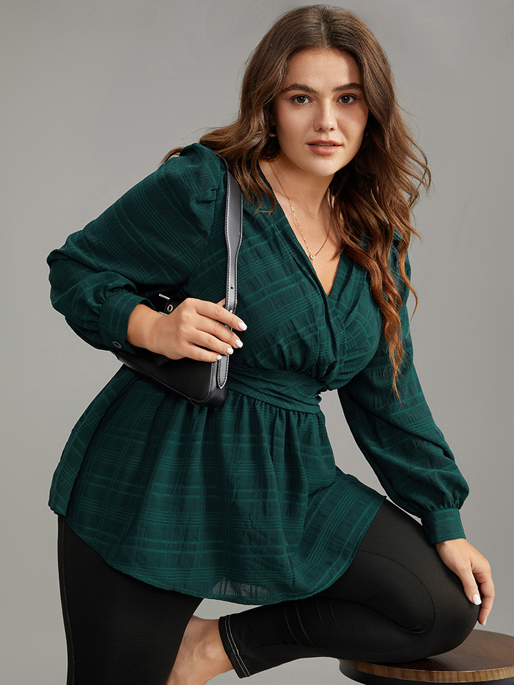 

Plus Size DarkGreen Plaid Wrap Ruched Lantern Sleeve Blouse Women Office Long Sleeve V-neck Work Blouses BloomChic