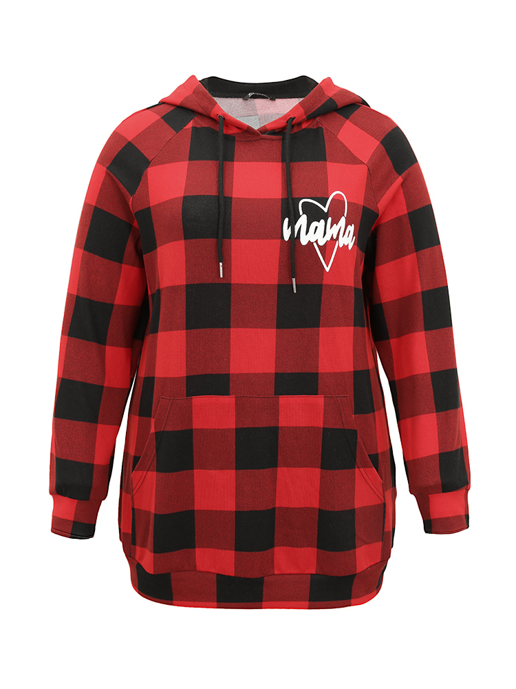 

Plus Size Letter Plaid Hooded Drawstring Pocket Sweatshirt Women Red Casual Elastic cuffs Hooded Festival-Christmas Sweatshirts BloomChic