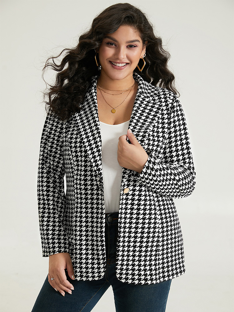 

Plus Size Anti-Wrinkle Houndstooth Button Up Suit Collar Blazer Black Women Dailywear Houndstooth Contrast Sleeve Long Sleeve Suit Collar  Casual Blazers BloomChic