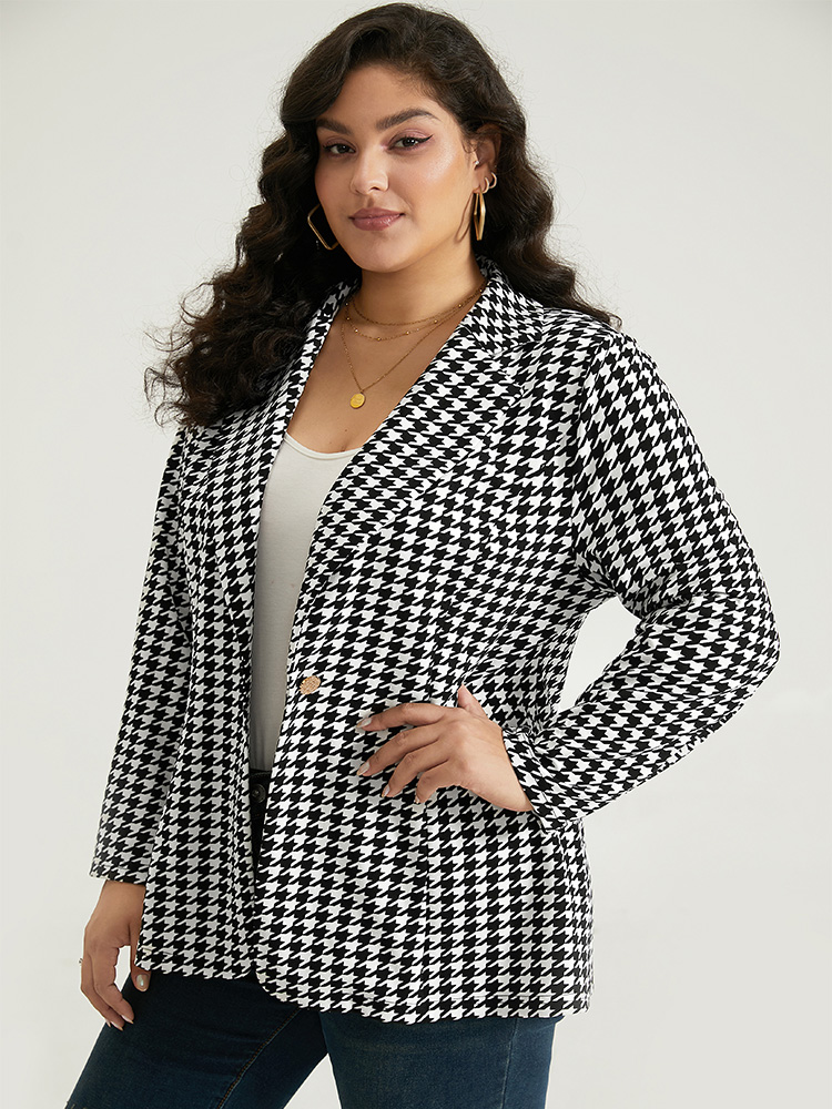 

Plus Size Houndstooth Button Up Suit Collar Blazer Black Women Dailywear Houndstooth Contrast Sleeve Long Sleeve Suit Collar  Casual Blazers BloomChic