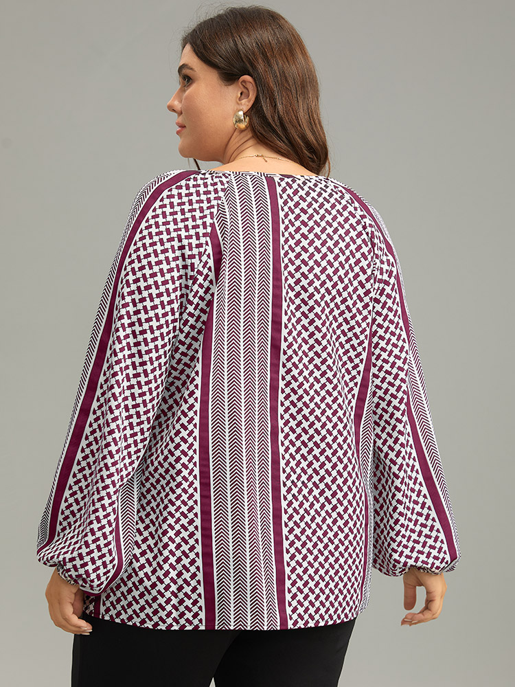 

Plus Size RedViolet Geo Striped Tie Lantern Sleeve Blouse Women Resort Long Sleeve Tie Neck Vacation Blouses BloomChic