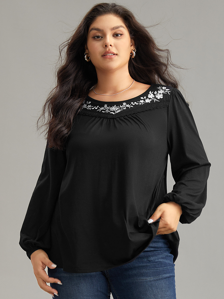 Plus Size Women Dailywear Silhouette Floral Print Elastic cuffs Lantern Sleeve Long Sleeve Round Neck Elegant T-shirts BloomChic 