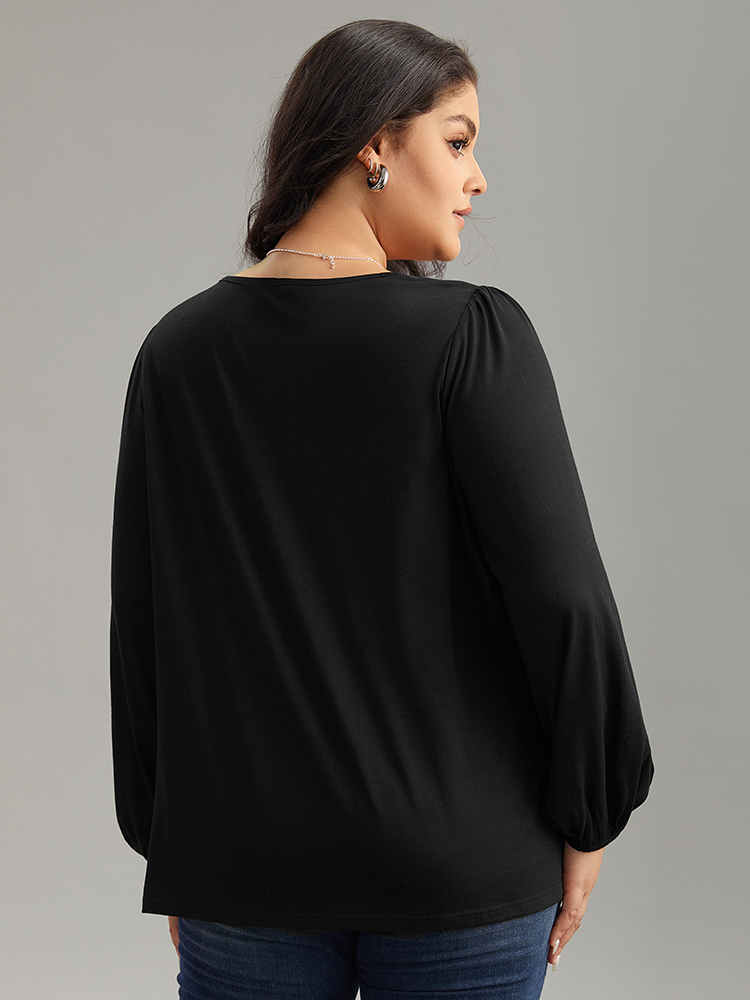 Plus Size Women Dailywear Silhouette Floral Print Elastic cuffs Lantern Sleeve Long Sleeve Round Neck Elegant T-shirts BloomChic 
