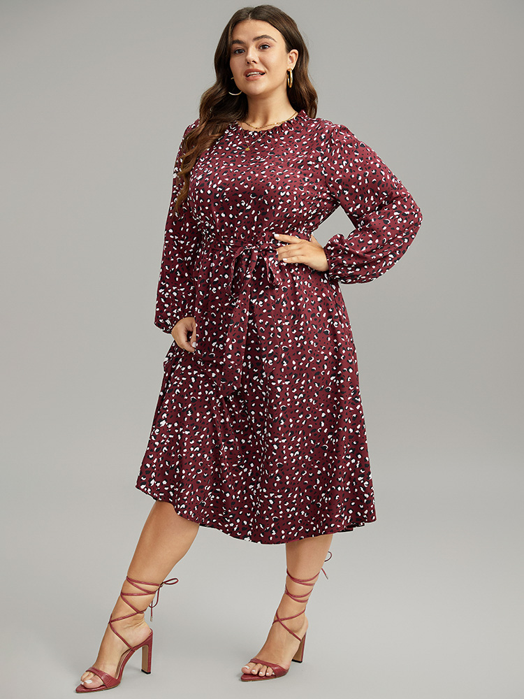 

Plus Size Allover Print Elastic Cuffs Frill Trim Belted Dress Burgundy Women Elegant Elastic cuffs Mock Neck Long Sleeve Curvy Midi Dress BloomChic