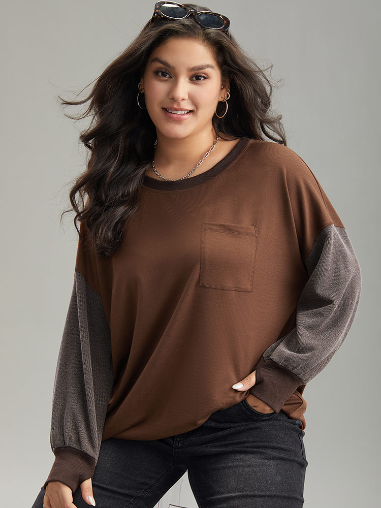 

Plus Size Two Tone Patched Pocket Drop Shoulder Sweatshirt Women DarkBrown Casual Elastic cuffs Round Neck Everyday Sweatshirts BloomChic