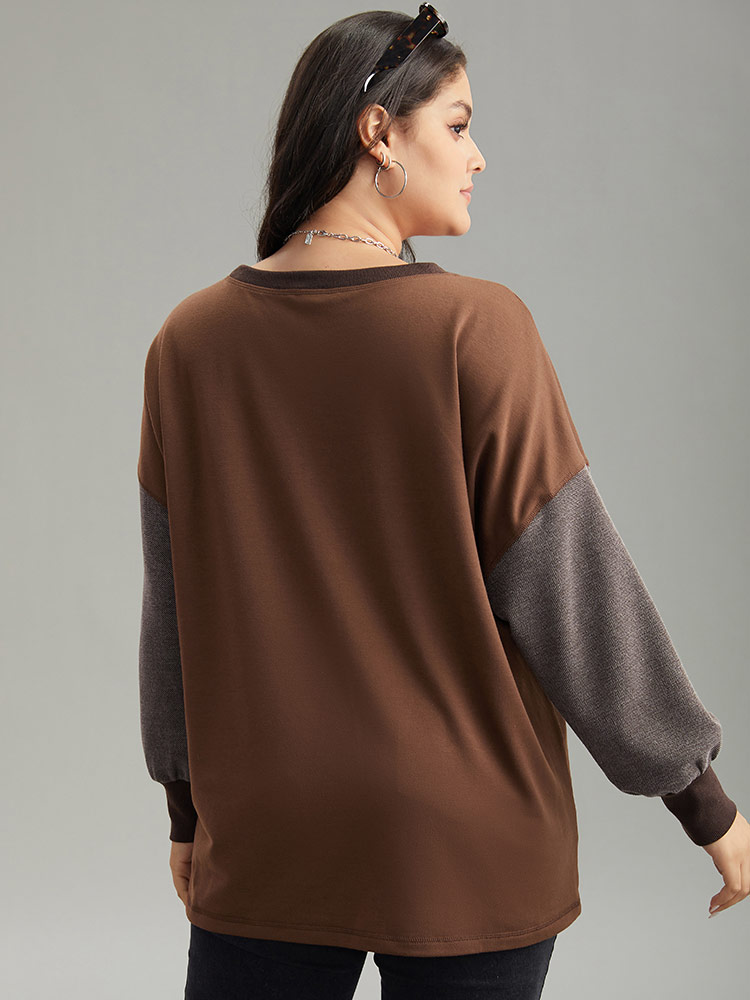 

Plus Size Two Tone Patched Pocket Drop Shoulder Sweatshirt Women DarkBrown Casual Elastic cuffs Round Neck Everyday Sweatshirts BloomChic