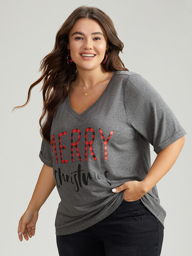 Plus Size Christmas Gingham Patchwork V Neck T-shirt DimGray Women Casual Printed Christmas Festival-Christmas T-shirts BloomChic 26/4X 
