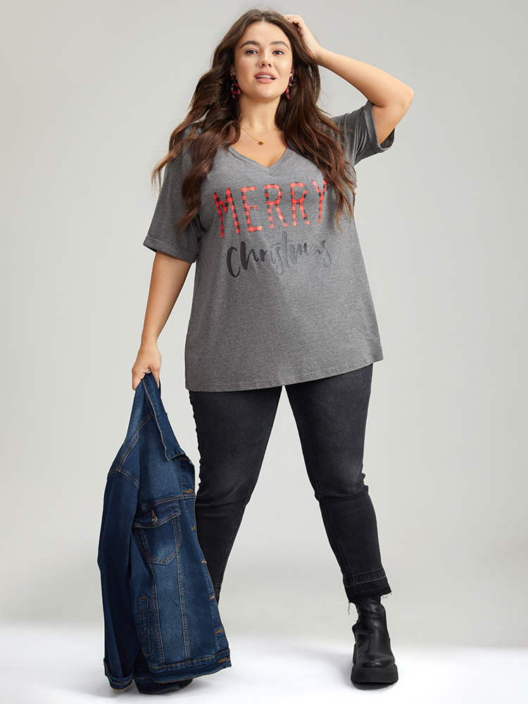 Plus Size Christmas Gingham Patchwork V Neck T-shirt DimGray Women Casual Printed Christmas Festival-Christmas T-shirts BloomChic 26/4X 