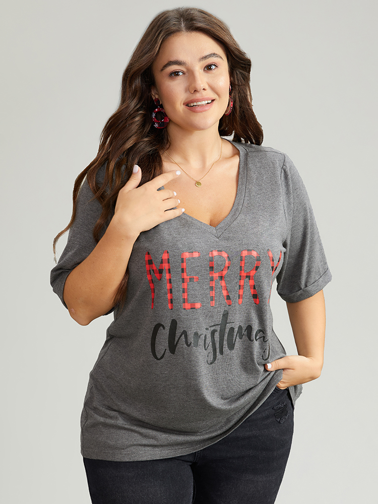 Plus Size Christmas Gingham Patchwork V Neck T-shirt DimGray Women Casual Printed Christmas Festival-Christmas T-shirts BloomChic 26/4X 
