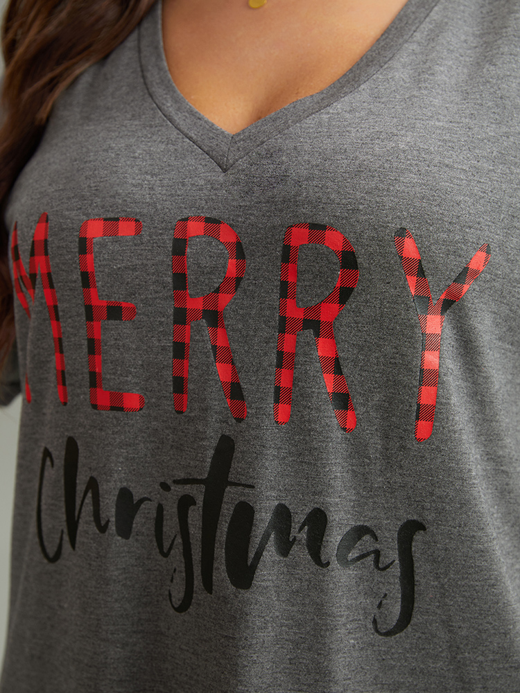 Plus Size Christmas Gingham Patchwork V Neck T-shirt DimGray Women Casual Printed Christmas Festival-Christmas T-shirts BloomChic 26/4X 