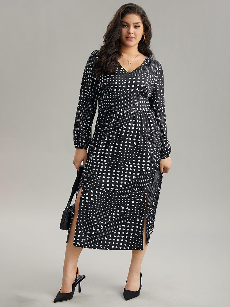 

Plus Size Polka Dot Elastic Waist Split Hem Dress Black Women At the Office Pleated V-neck Long Sleeve Curvy Midi Dress BloomChic