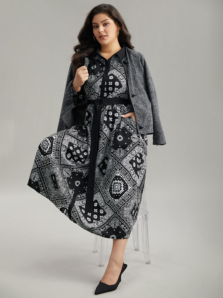 Plus Size Polka Dot Elastic Waist Split Hem Dress Black Women At the Office Pleated V-neck Long Sleeve Curvy Midi Dress BloomChic 10/M 