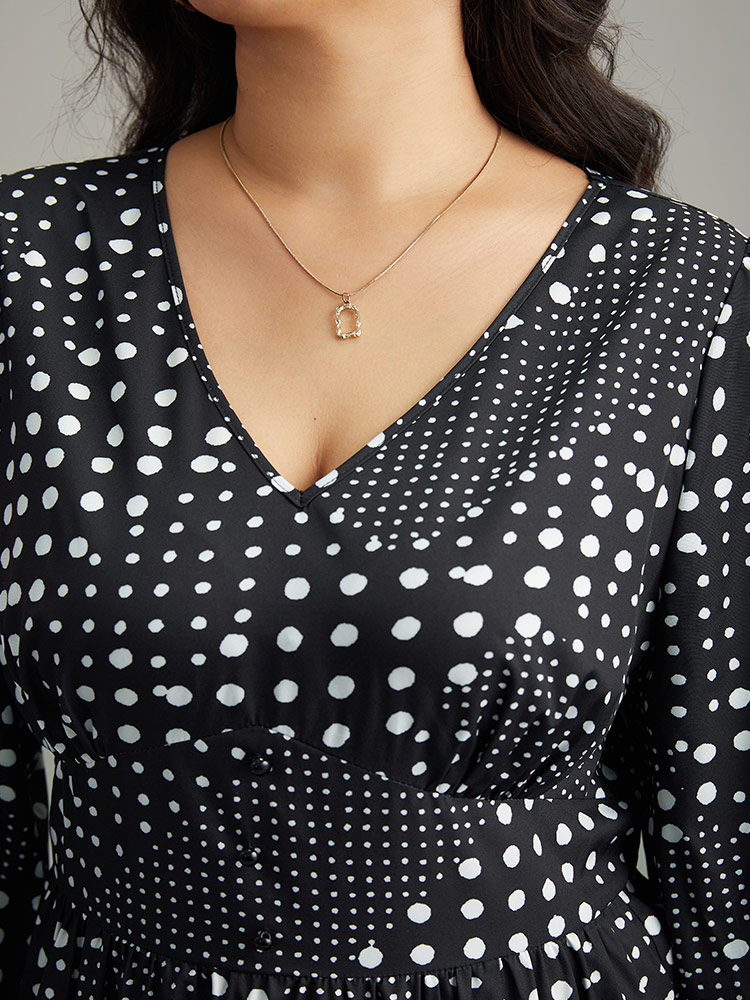 Plus Size Polka Dot Elastic Waist Split Hem Dress Black Women At the Office Pleated V-neck Long Sleeve Curvy Midi Dress BloomChic 10/M 