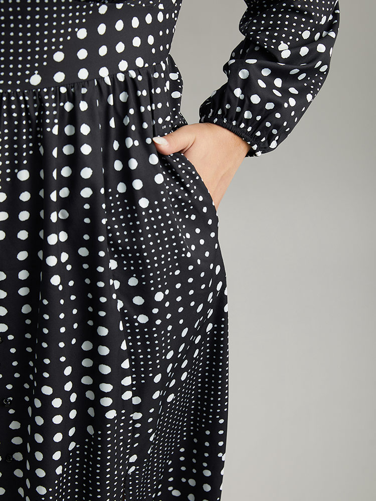 Plus Size Polka Dot Elastic Waist Split Hem Dress Black Women At the Office Pleated V-neck Long Sleeve Curvy Midi Dress BloomChic 10/M 