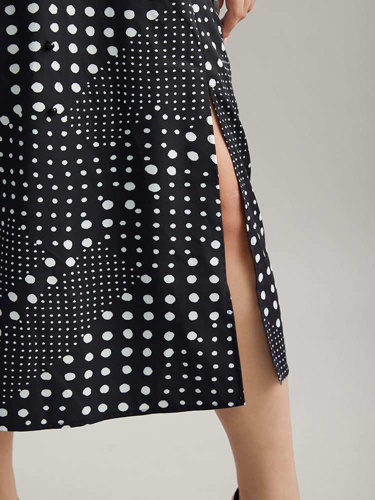 Plus Size Polka Dot Elastic Waist Split Hem Dress Black Women At the Office Pleated V-neck Long Sleeve Curvy Midi Dress BloomChic 10/M 
