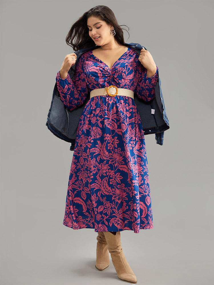 

Plus Size Floral Twist Front Pocket Lantern Sleeve Dress DarkBlue Women Vacation Elastic cuffs V-neck Long Sleeve Curvy Midi Dress BloomChic