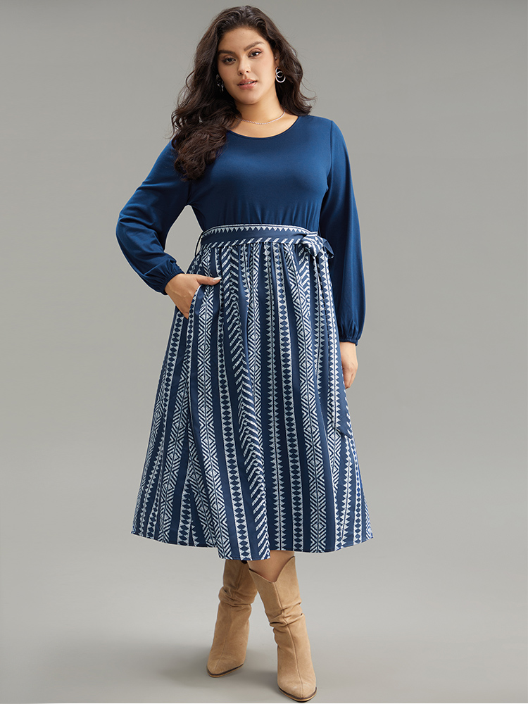 

Plus Size Bandana Striped Patchwork Pocket Belted Dress Indigo Women Vacation Belted Round Neck Long Sleeve Curvy Midi Dress BloomChic