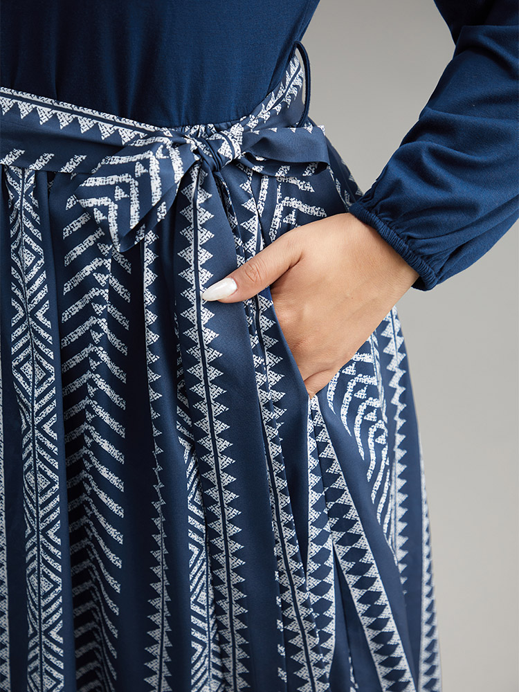 

Plus Size Bandana Striped Patchwork Pocket Belted Dress Indigo Women Vacation Belted Round Neck Long Sleeve Curvy Midi Dress BloomChic