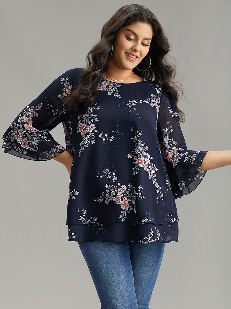 

Plus Size Indigo Floral Chiffon Ruffle Sleeve Mesh Patchwork Blouse Women Elegant Elbow-length sleeve Round Neck Everyday Blouses BloomChic