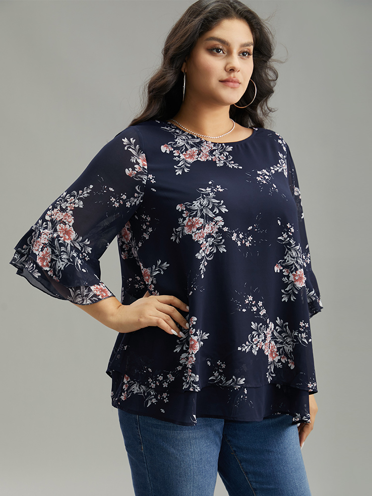 

Plus Size Indigo Floral Chiffon Ruffle Sleeve Mesh Patchwork Blouse Women Elegant Elbow-length sleeve Round Neck Everyday Blouses BloomChic