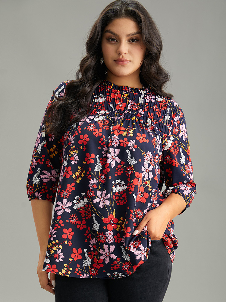 

Plus Size Multicolor Floral Print Frill Trim Cut Out Blouse Women Elegant Elbow-length sleeve Round Neck Everyday Blouses BloomChic