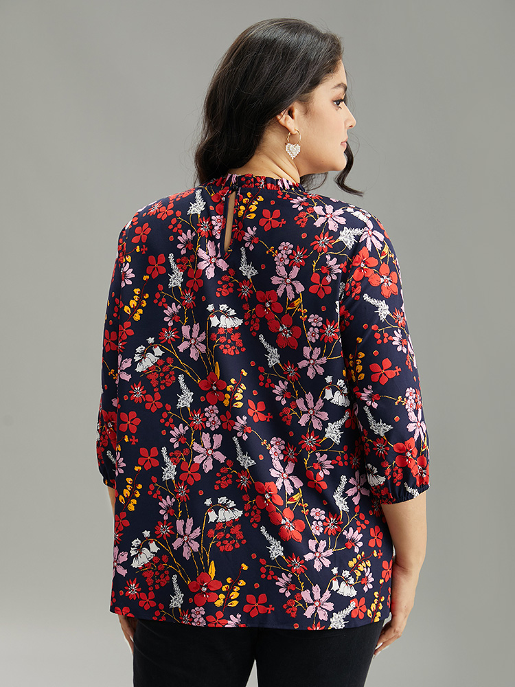 Plus Size Multicolor Floral Print Frill Trim Cut Out Blouse Women Elegant Elbow-length sleeve Round Neck Everyday Blouses BloomChic 14-16/1X 