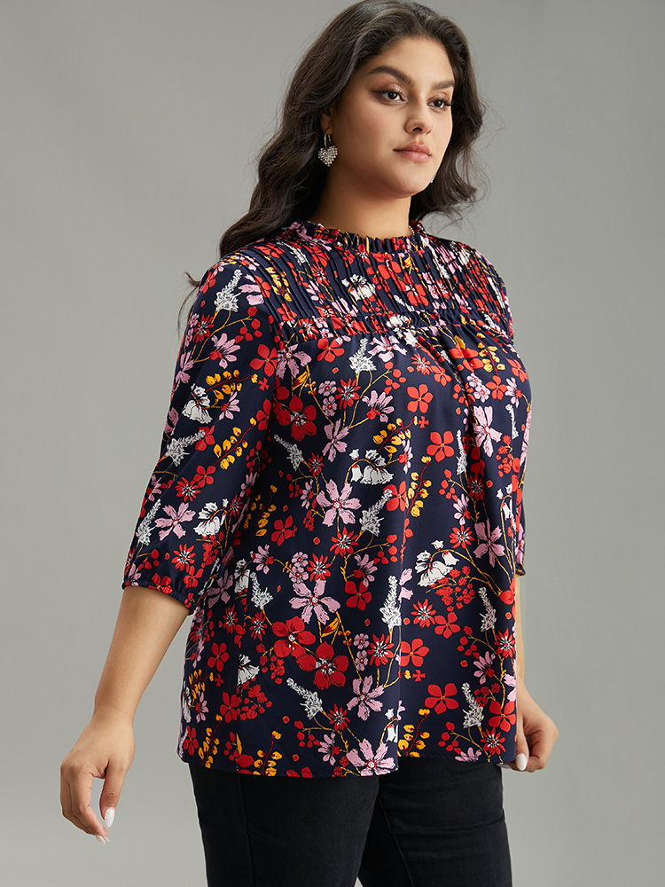 Plus Size Multicolor Floral Print Frill Trim Cut Out Blouse Women Elegant Elbow-length sleeve Round Neck Everyday Blouses BloomChic 14-16/1X 