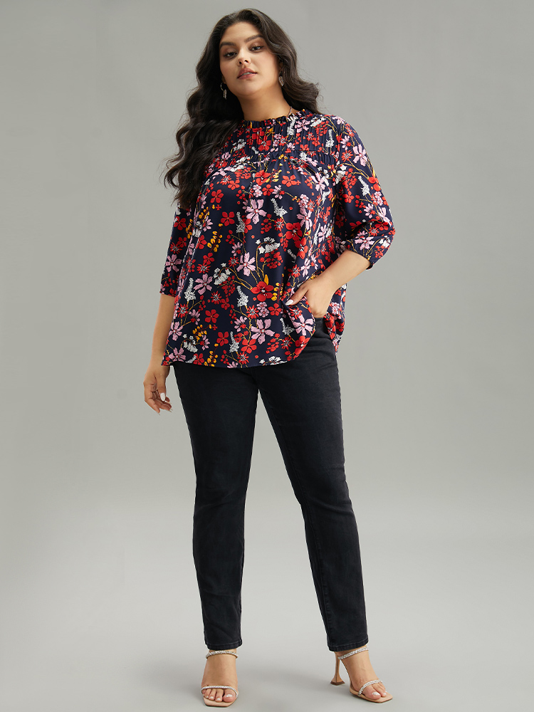 Plus Size Multicolor Floral Print Frill Trim Cut Out Blouse Women Elegant Elbow-length sleeve Round Neck Everyday Blouses BloomChic 14-16/1X 