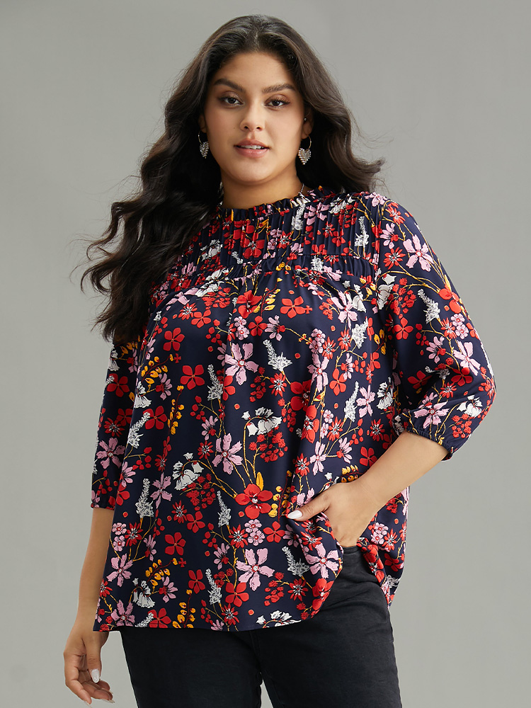 

Plus Size Multicolor Floral Print Frill Trim Cut Out Blouse Women Elegant Elbow-length sleeve Round Neck Everyday Blouses BloomChic